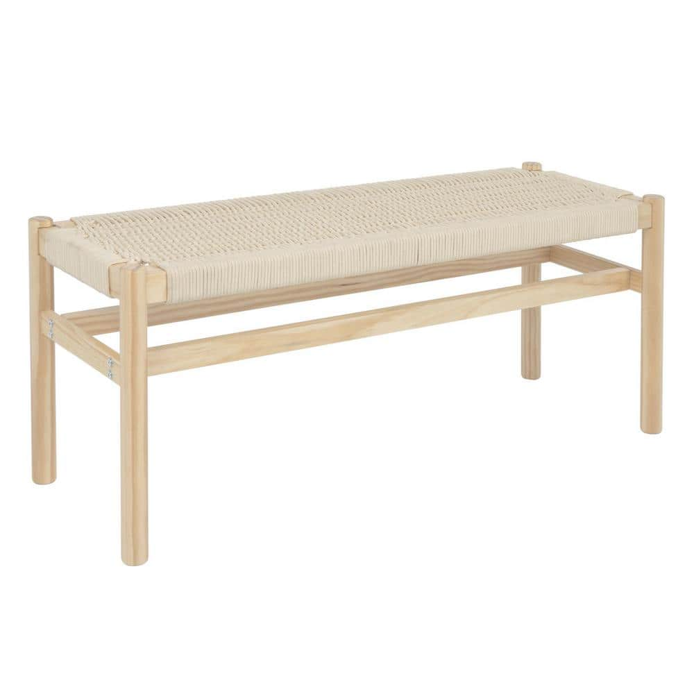 Storied Home Fernway Solid Wood and Woven Rope Entryway Bench Cream: Scandinavian Design, Pine Frame, 43.25&#34; Long