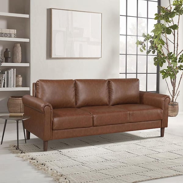 Walterboro 79 in. W Rolled Arm Faux Leather Rectangle Sofa in Chocolate