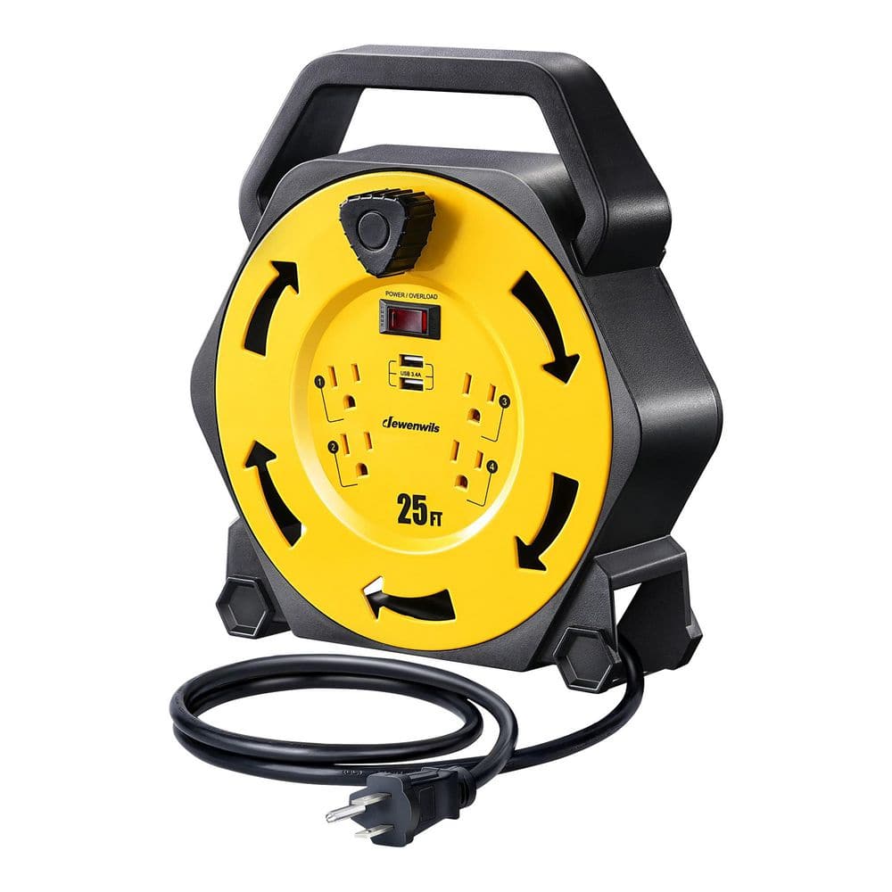 Heavy Duty 25 ft. 16/3 SJTW 13 Amp Retractable Hand Wind Extension Cord Reel with 4 Power Outlets and 2-USB Ports price history on PriceWatchPro
