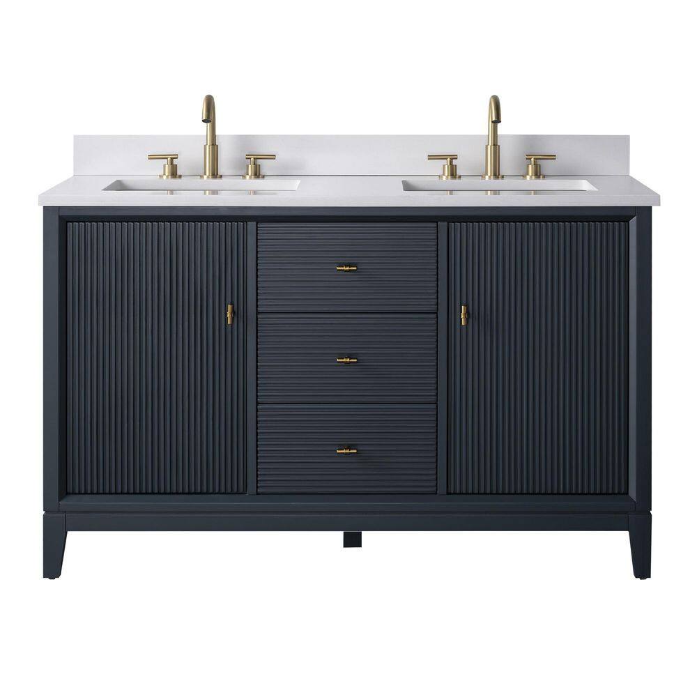54 in. W x 34 in. H Double Sink Vintage Spruce Blue Bath Vanity Cabinet with Arabescato White Engineered Marble Top