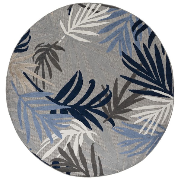 Oasis Floral Blue 5 ft. x 5 ft. Round Indoor/Outdoor Area Rug