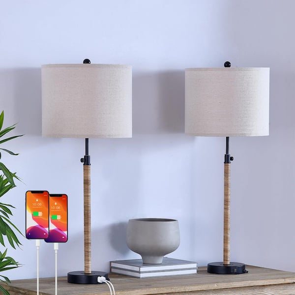 Maxax Cleveland 33 In. Black Modern Metal Bedroom Living Room Bedside Desk Tall Table Lamps USB Port Set of 2