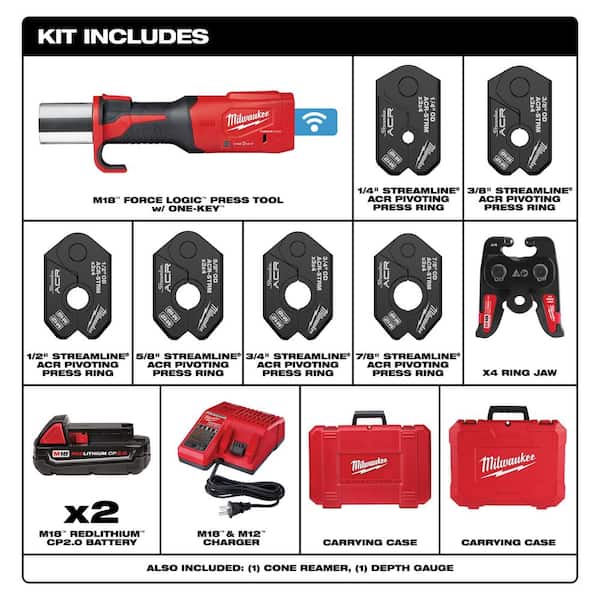 M18 18-Volt Lithium-Ion Brushless FORCE LOGIC Press Tool with 1/4 in. - 7/8 in. Streamline ACR Pivoting Press Ring Kit