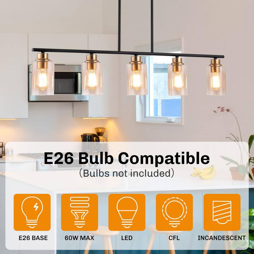 Matte Black and Gold 5-Light Linear Island Pendant with Clear Glass Shades