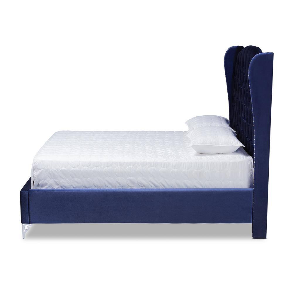 Luxurious Navy Blue Velvet Queen Bed with Tufted Wingback Headboard