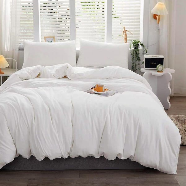 Comfy 3-Piece White Jersey Knit T-Shirt Cotton Cal. King Duvet Cover Set Breathable Zipper Closure 100% Cotton