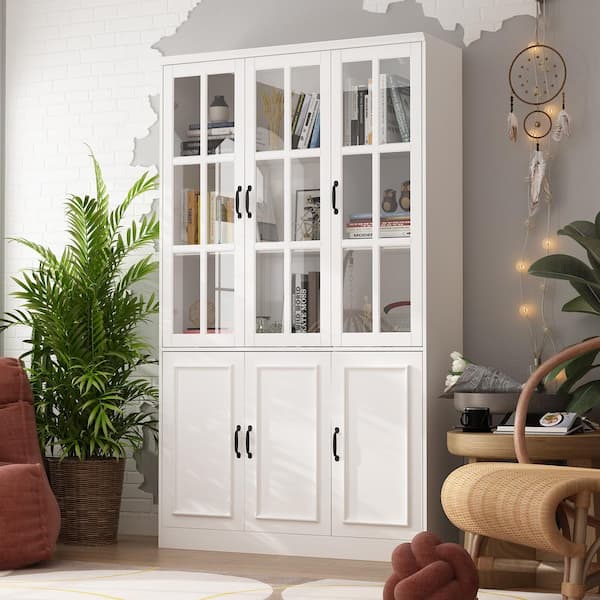 FUFU&GAGA 47.2 in. W x 15.7 in. D x 78.7 in. H White 10-Shelf Wood Standard Bookcase With Doors, Drawers, Adjustable Shelves