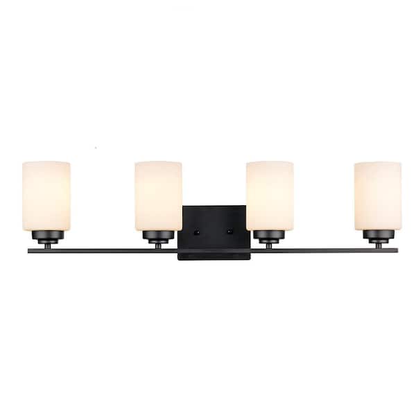 Bel Air Lighting Mod Pod 31.25 in. 4-Light Black Bathroom Vanity Light Fixture with Frosted Glass Cylinder Shades