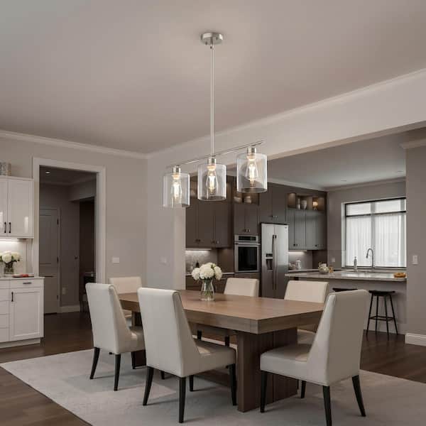 3-Light Brushed Nickel Modern Linear Clear Glass Pendant Light, DIY Island Chandelier for Kitchen and Dining Room