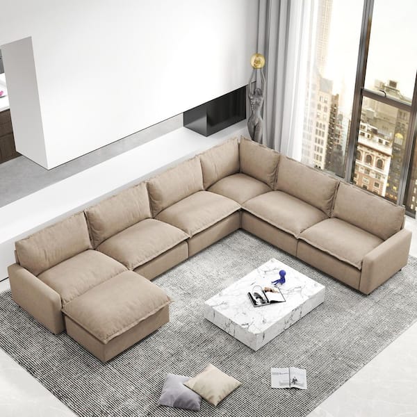 140.16 in. Square Arm 7-Piece Linen Modern Modular Sectional Sofa Spacious Living Room Couch with Ottoman in Brown