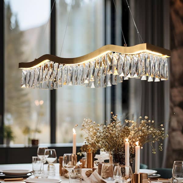 LNC Thelonious 1-Light Dimmable Integrated LED Plating Brass Crystal Linear Chandelier for Living Room