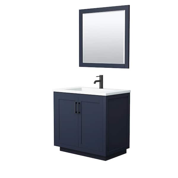Wyndham Collection Miranda 36 in. W Single Bath Vanity in Dark Blue with Solid Surface Vanity Top in White with White Basin and Mirror