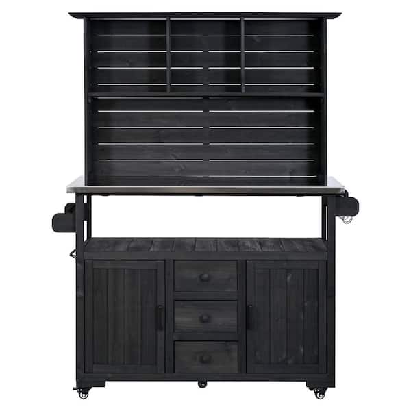 47.20 in. W x 19.30 in. D x 65.00 in. H Black Garden Potting Bench Table with Stainless Steel top, Drawers, Door Shelves