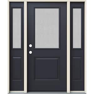 60 in. x 80 in. Right-Hand 1/2 Lite Streamed Ripple Glass Black Steel Prehung Front Door w/Sidelites