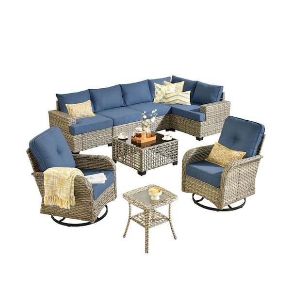 Merritt 9-Piece All-Weather Wicker Outdoor Patio Conversation Sectional Set with Swivel Chairs and Denim Blue Cushions