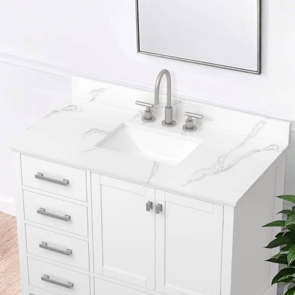 Wasser 42 in. W x 22 in. D Quartz Stone White Rectangular Single Sink Bathroom Vanity Top in Calacatta Ripple