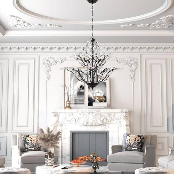 8-Light 27.5 in. Black Crystal Modern Tiered Dimmable Chandeliers Dining Kitchen Ceiling Lights Foyer Bedroom Lighting