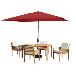 6 -Piece Set, Okemo Wood Outdoor Dining Table Set with 4 Cushioned Chairs, 10 ft. Rectangular Umbrella Red