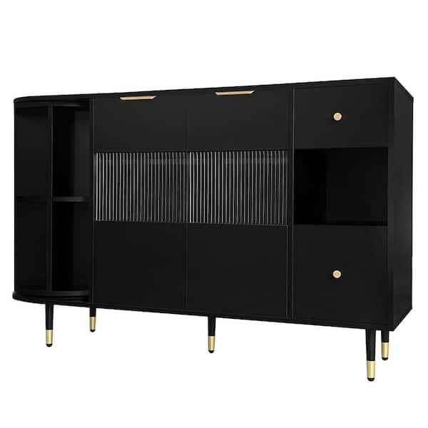 CSC DECOR INC Black MDF 51.1 in Buffet Storage Cabinet Sideboards with Glass Door Drawers and Rotating Shelf