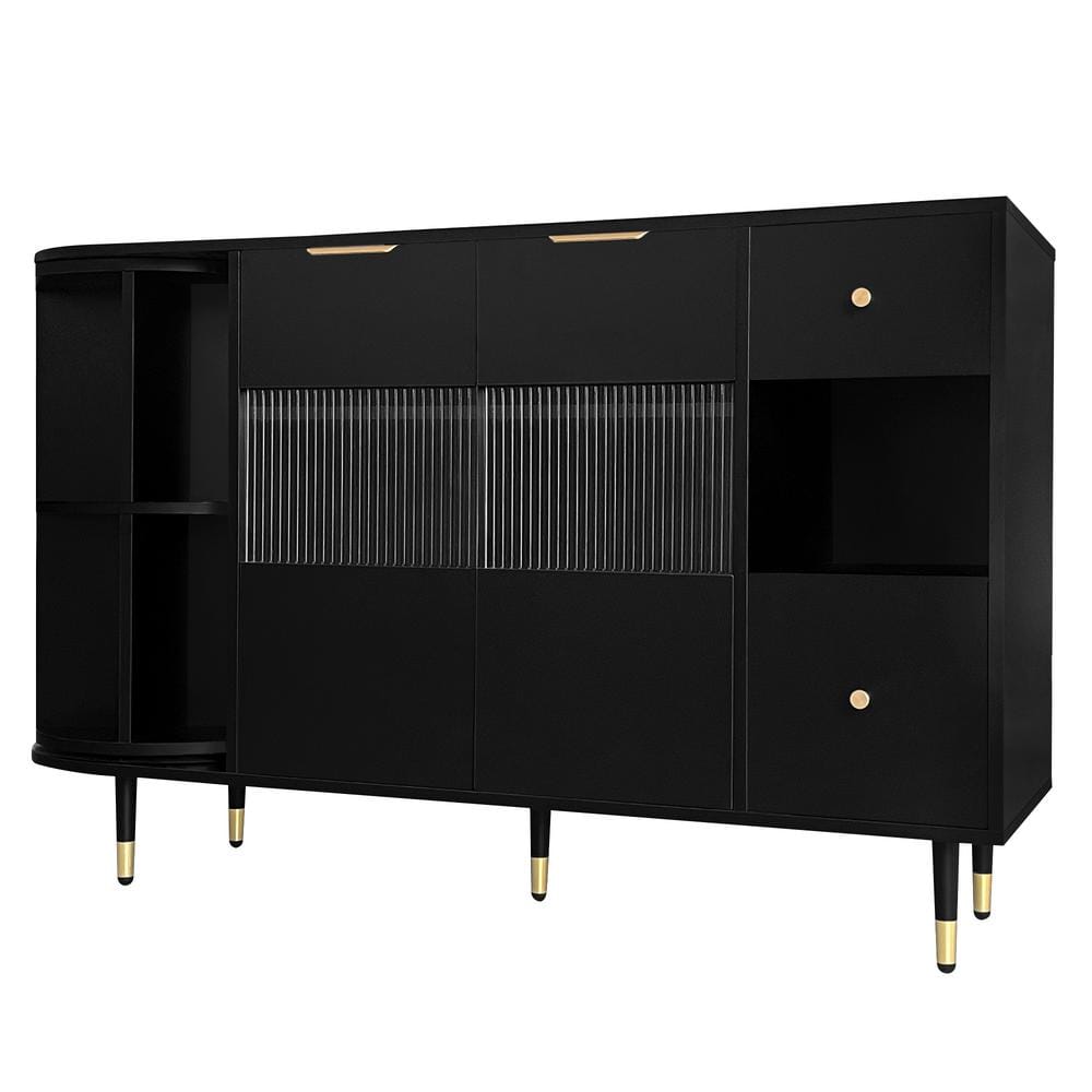 Black MDF 51.1 in Buffet Storage Cabinet Sideboards with Glass Door Drawers