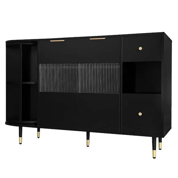 Unbranded Black MDF 51.1 in Buffet Storage Cabinet Sideboards with Glass Door Drawers and Rotating Shelf