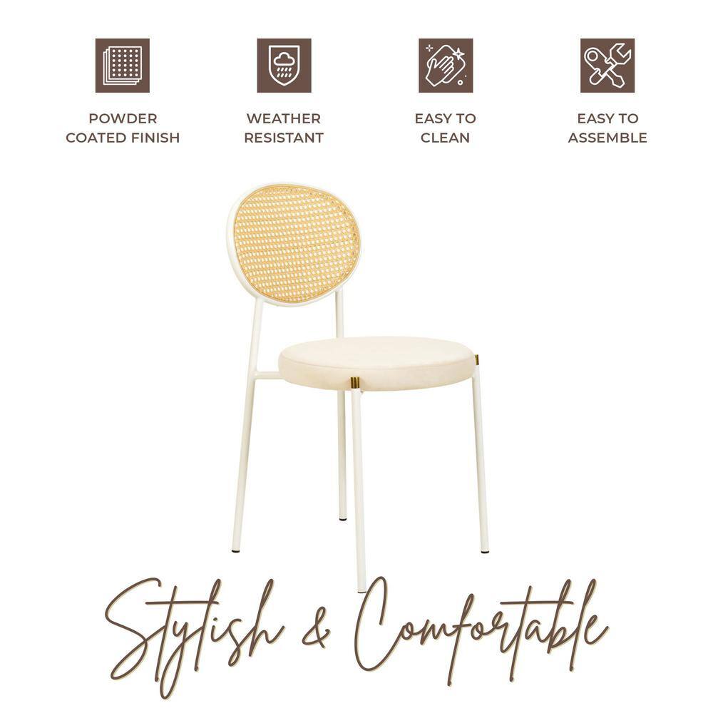 Beige Velvet Side Chair with Rattan Back and White Metal Frame
