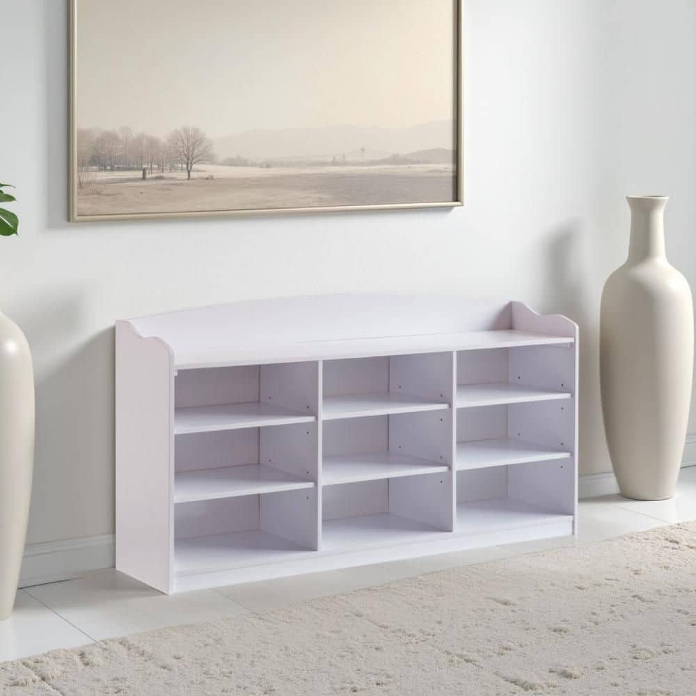 Benjara 26 in. H x 12 in. W White Wood Shoe Storage Cabinet with 9-Open ...