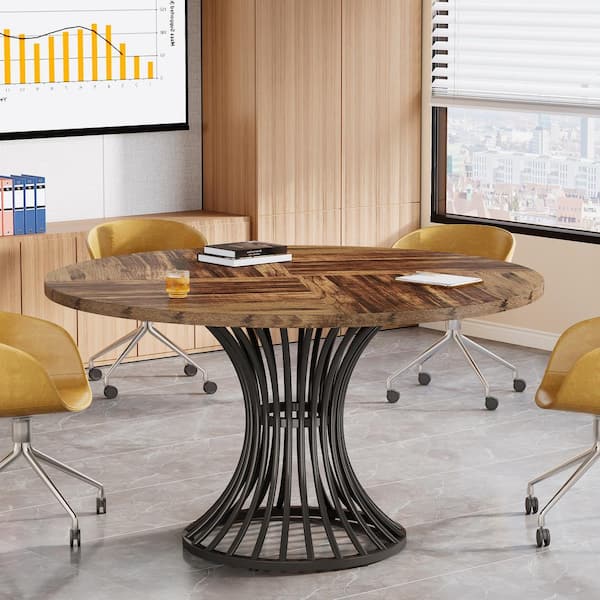 Halseey 47 in. Round Rustic Brown Wood Conference Table with Black Metal Pedestal, Meeting Table Desk Dining Table for 4