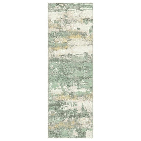 Zephyr Machine Washable Light Green 2 ft. x 6 ft. Modern Abstract Indoor Area Rug