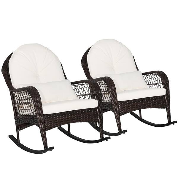 Costway Wicker Outdoor Rocking Chair With White Cushions And Lumbar   Costway Outdoor Rocking Chairs 2 Hw70822wh 64 600 