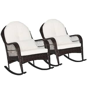 Wicker Outdoor Rocking Chair with White Cushions and Lumbar Pillow 2 of Chairs Included