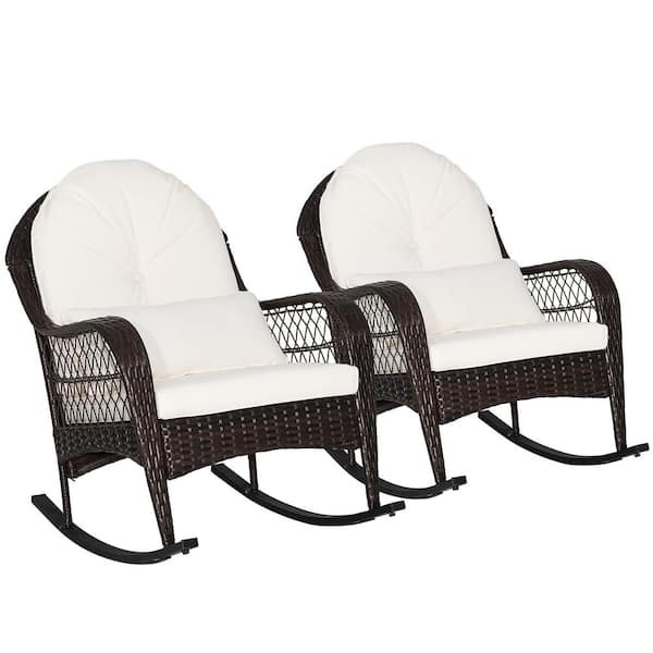 Costway Wicker Outdoor Rocking Chair with White Cushions and Lumbar Pillow 2 of Chairs Included