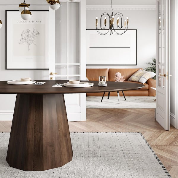 Modern Walnut Solid Wood 67 in. Pedestal Dining Table Seats 6