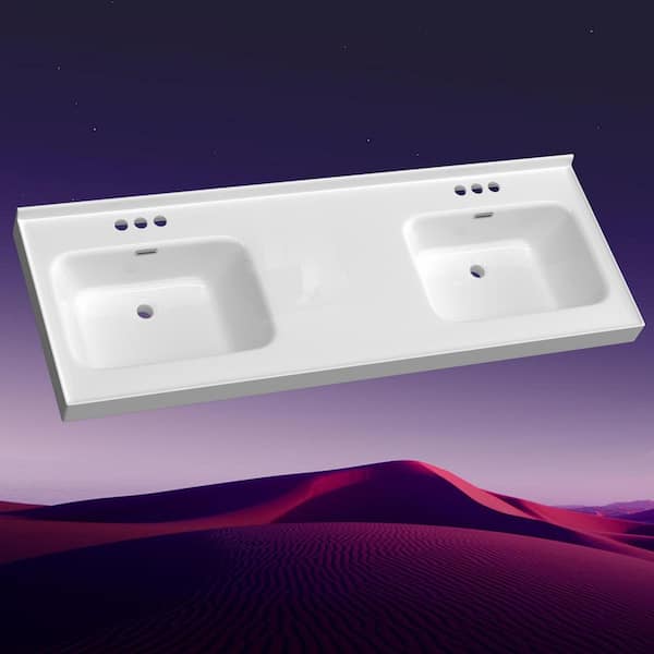 61 in. W x 22 in. D Solid Surface White Rectangular Double Sinks Vanity Top with Backsplash Bathroom Countertop in White