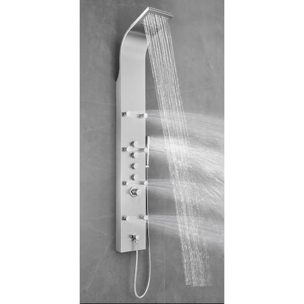 65 in. 8-Jet Rainfall Shower Panel System with Rainfall Waterfall Shower Head and Shower Wand in Stainless Steel