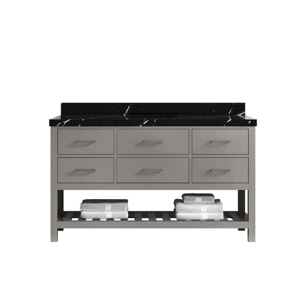 Willow Collections Parker 60 in. Single Sink Freestanding Elephant Gray Bath Vanity with Calacatta Black Quartz Top Unassembled