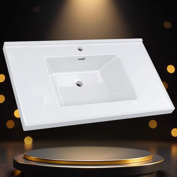 Tco 36 in. W x 22 in. D Solid Surface White Rectangular Single Sink Vanity Top with Backsplash and Deep Basin Countertop