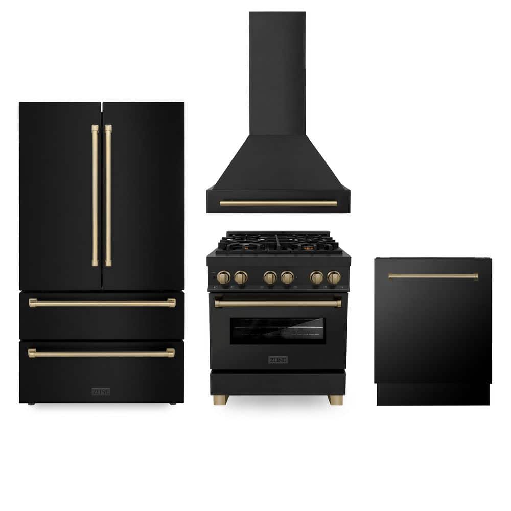 ZLINE Kitchen and Bath 30 in. Kitchen Package Black Stainless 4-Burner Dual Fuel Range, Hood, Dishwasher, Refrigeration with Champagne Accent