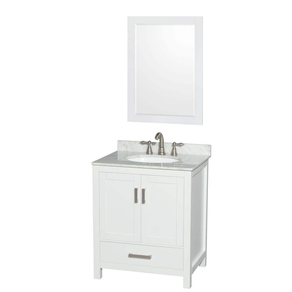 Sheffield 30 in. W x 22 in. D x 35.25 in. H Single Bath Vanity in White with White Carrara Marble Top and 24"" Mirror -  Wyndham Collection, 700161157345