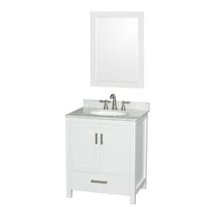 Sheffield 30 in. W x 22 in. D x 35.25 in. H Single Bath Vanity in White with White Carrara Marble Top and 24" Mirror