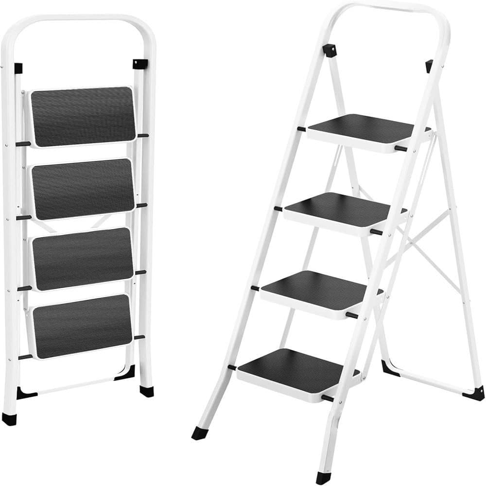 4-Step Portable Folding Heavy-Duty Steel Ladder w/Hand Rail, Wide Platform 