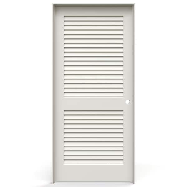 36 in. x 80 in. 2 Panel Louver Left-Handed Solid Core Primed Wood Single Prehung Interior Door w/ Satin Nickel Hinges