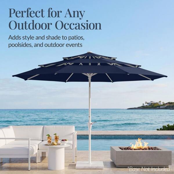 at home patio table umbrella Primehome 9 ft. Patio Umbrella for Outdoor with Push Button Tilt and Crank Table Umbrella Plus Base in Tan