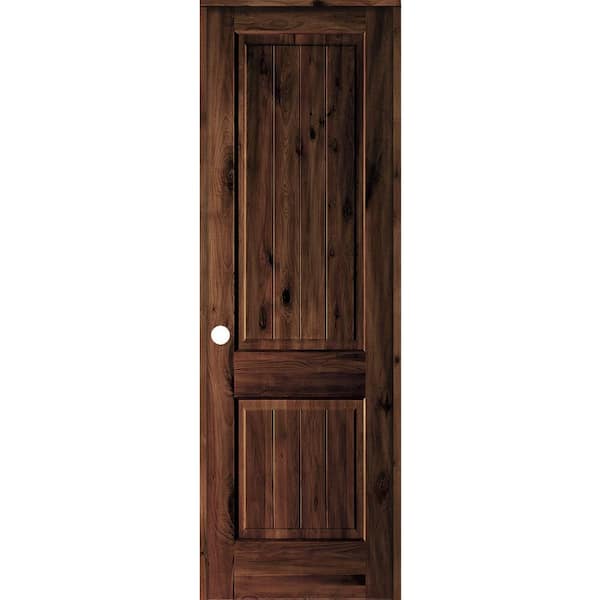 Krosswood Doors 30 in. x 96 in. Knotty Alder 2 Panel Right-Hand Sq. Top V-Groove Red Mahogany Stain Wood Single Prehung Interior Door