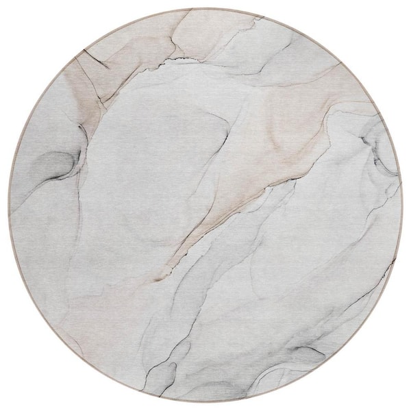 HomeRoots Beige Ivory and Gray 8 ft. Round Abstract Indoor / Outdoor Area Rug