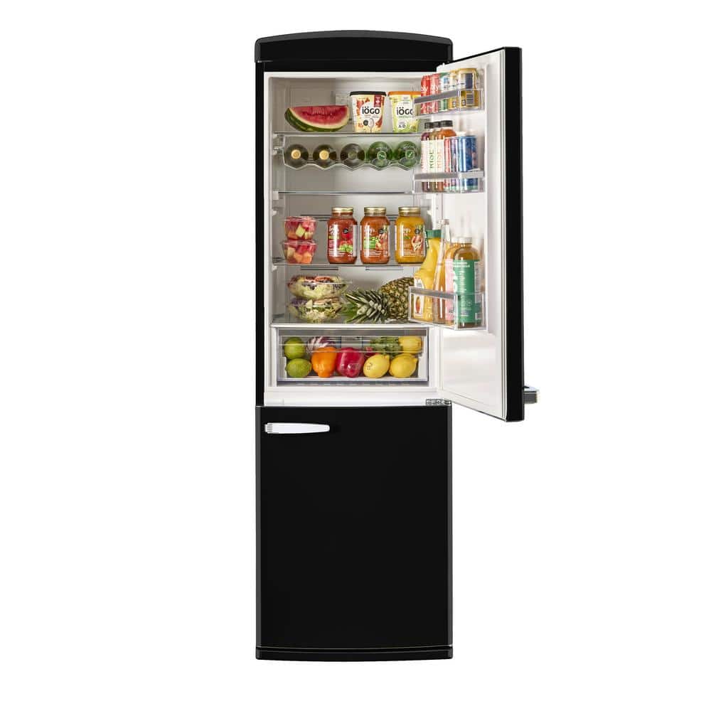 Midnight Black Retro 24" Bottom Mount Refrigerator with Chrome Accents