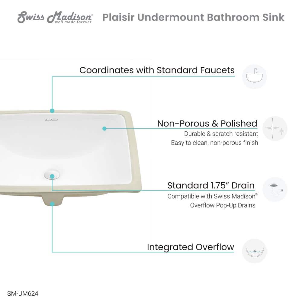 Plaisir White Ceramic Rectangular Under-Mount Bathroom Sink