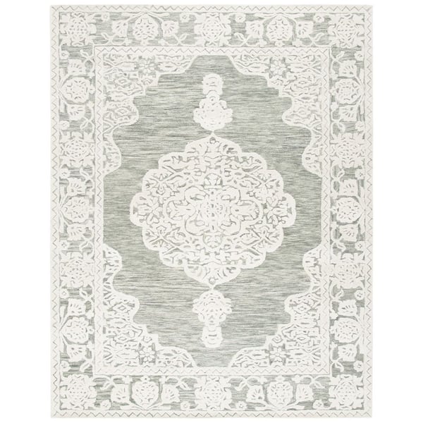 Micro-Loop 8 ft. x 10 ft. Gray/Ivory Border Ornate Area Rug