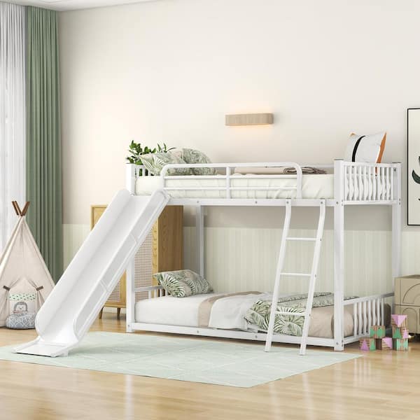 Harper & Bright Designs White Twin over Metal Bunk Bed with Slide