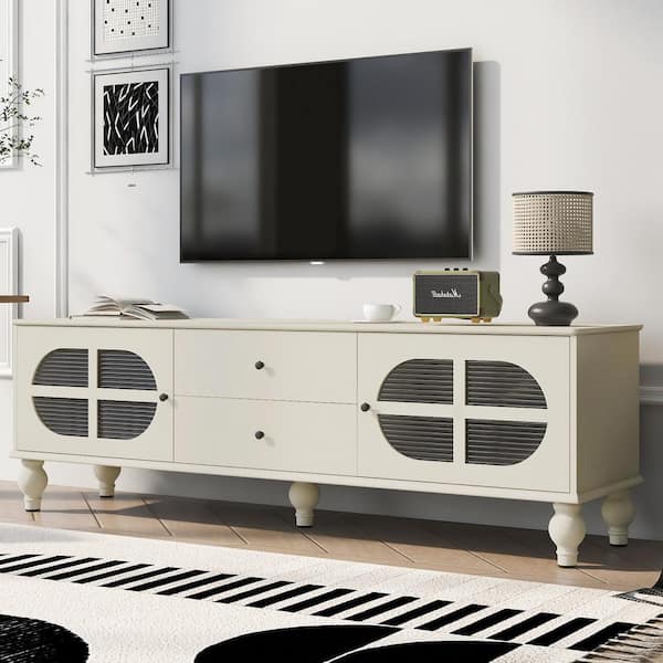 Harper & Bright Designs White TV Stand Fits TV's up to 75 in. with Fluted Glass Doors, 2-Drawers, 2-Cabinets and 5-Solid Wood Legs